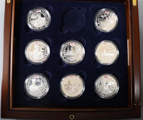 Alderney/Jersey/Guernsey/The History of the Royal Navy £5 silver proof coin collection incomplete set of 17, boxed with leaflets